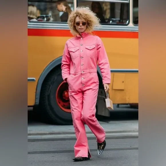 Ganni Pink Jumpsuit Boilersuit Cotton Denim Size 2